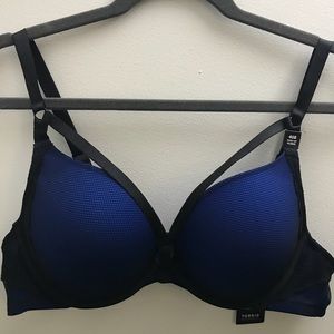 Black and blue fishnet push up bra